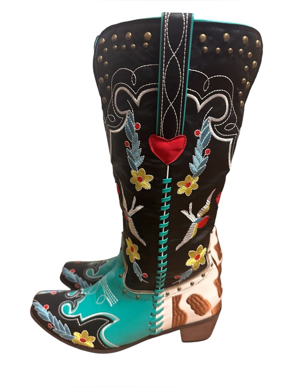 Azalea Wang Bowen Embroidered Patchwork Cowboy Mid Calf Boots Size 9